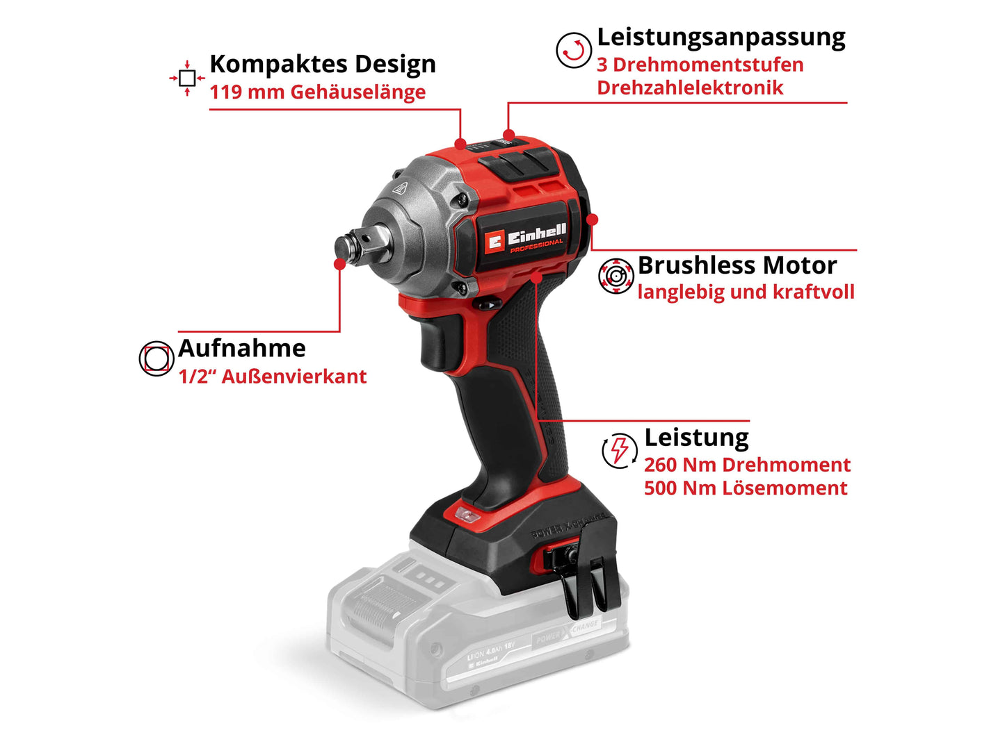 EINHELL PROFESSIONAL Akku-Schlagschrauber TP-CW 18/260-C Li BL, Solo
